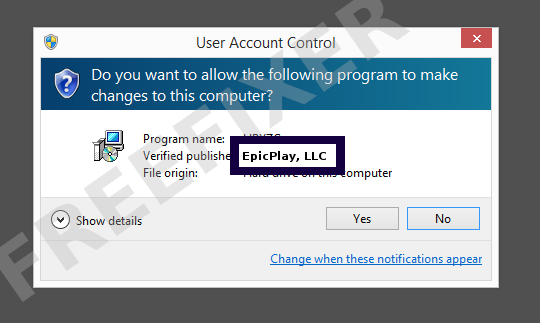 Screenshot where EpicPlay, LLC appears as the verified publisher in the UAC dialog